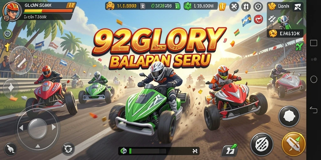 Screenshot gameplay 92GLORY yang menunjukkan aksi balapan yang mendebarkan.