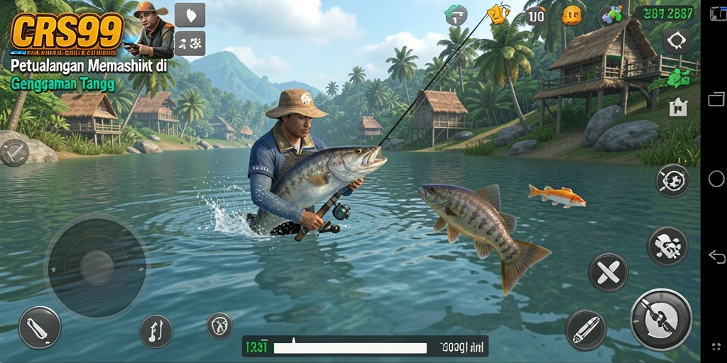 Gameplay menakjubkan CRS99 saat memancing di danau dengan latar belakang indah.
