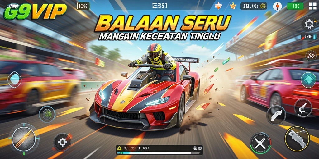 Screenshot G9VIP menampilkan aksi balapan seru dan grafis menawan.