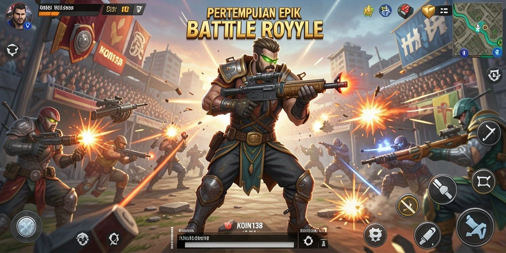 Screenshot gameplay <strong>KOIN138</strong> menampilkan aksi seru di medan perang Battle Royale.