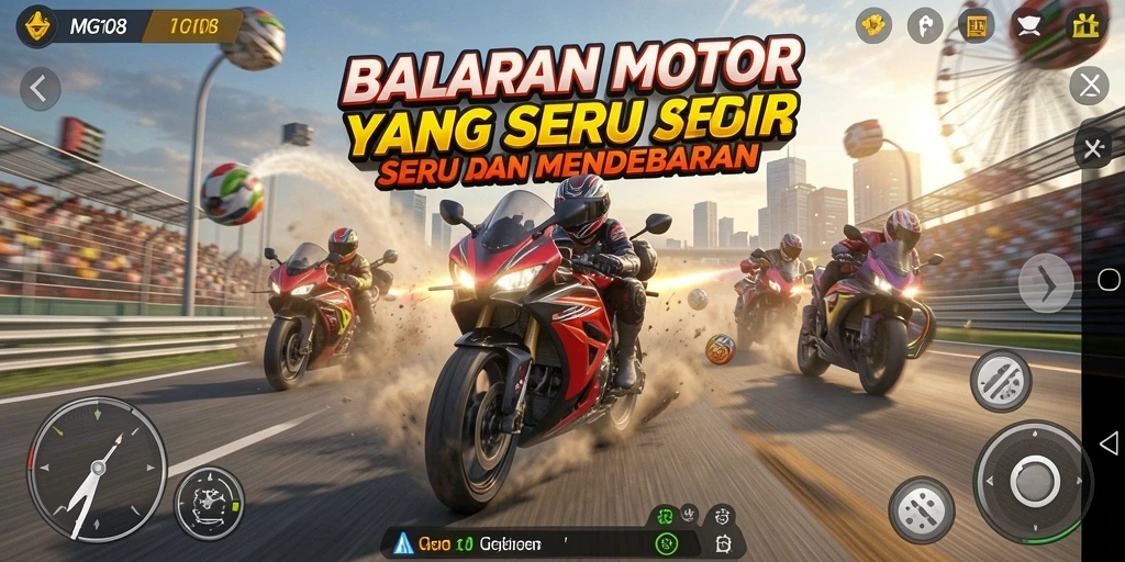 Tangkapan layar MG108 menampilkan balapan motor yang epik dan seru.