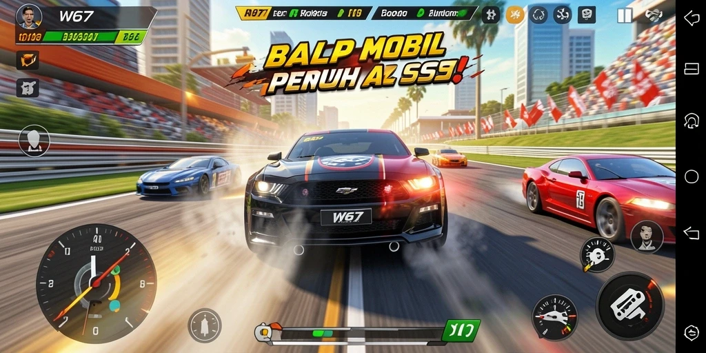Gameplay W67 dengan balapan mobil yang intens dan grafis luar biasa.